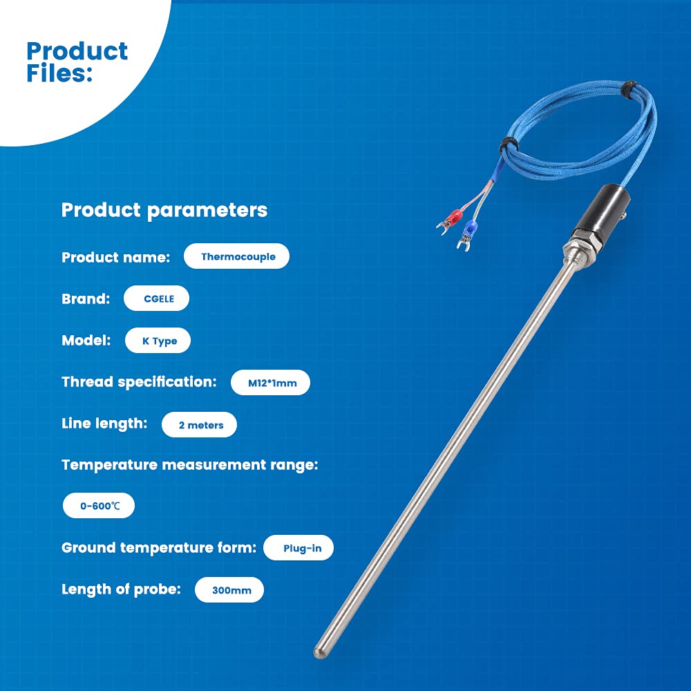 K-Type Thermocouple Temperature Sensors 0~600℃ Temperature Detector Temperature Gauge 2M/6.6Ft Wire Probe Length 300mm Two Wire 300×7mm Stainless Steel Probe