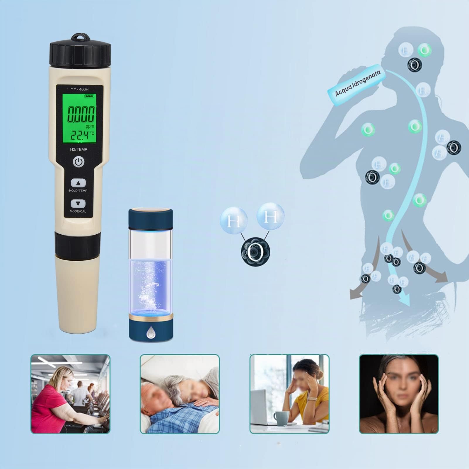Misuratore di idrogeno digitale, ad alta precisione, a penna, H2, tester di qualità dell'acqua con ATC, tester LCD PH TDS Salt PPM, per acqua potabile, idroponica, acquari, piscina