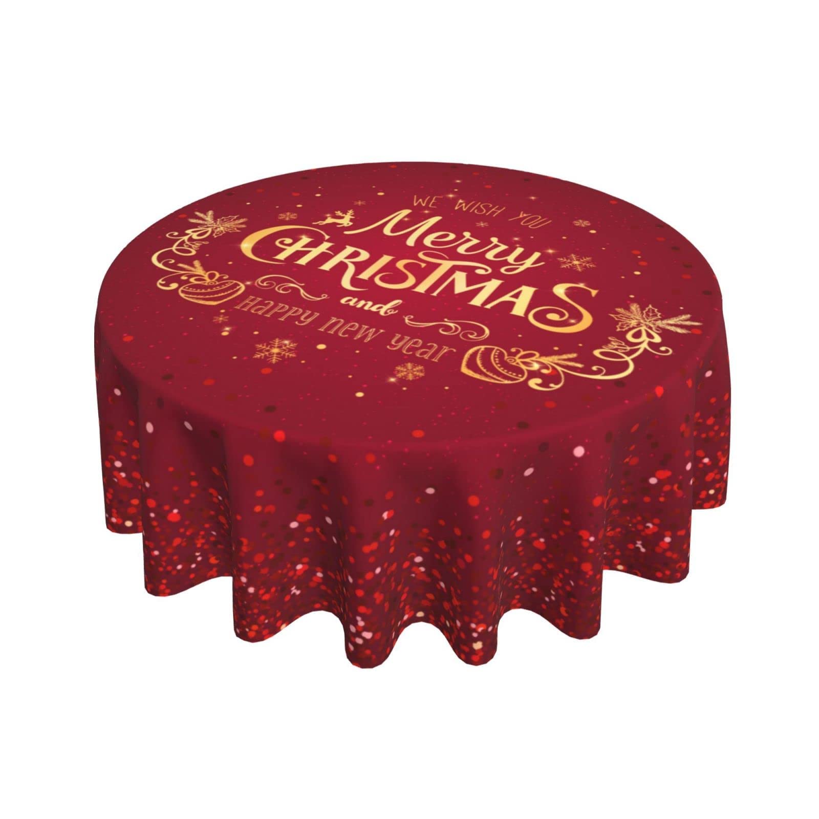 Sweetshow Round Christmas Tablecloth 60 Inch Gold Happy New Years Snowflake Decorative Red Round Table Cloth with Dust-Proof Wrinkle Resistant for