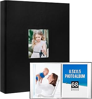 8.5x11 Photo Album Holds 68 Photos, Leather Cover Photo Album 8.5x11 with Front Window, Acid Free 8.5x11 Photo Album Book, Black Inside Page 8.5x11 Photo Album for 8.5x11 Wedding Family Baby Pictures (Black)
