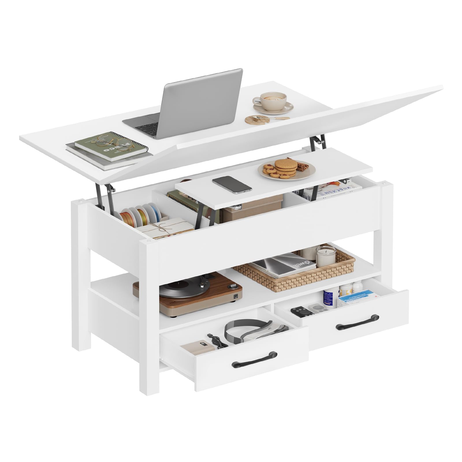 WOLTU Mesa de Centro Elevable, Mesita Salon con Espacio Oculto, Zona Abierta y 2 Cajones, Mesa Salón Elevador y Extensible, Multifuncional para Sala y Estudio, 100x50,5/100x53/66 cm, Blanco