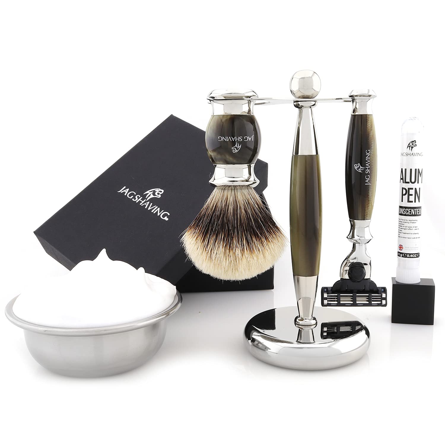 Jag Shaving zestaw do golenia - 3-częściowy zestaw do golenia - JAG's LEE Range - pędzel do golenia z włosia borsuka - 3 ostrza do golenia - stojak do golenia - kolor zielony