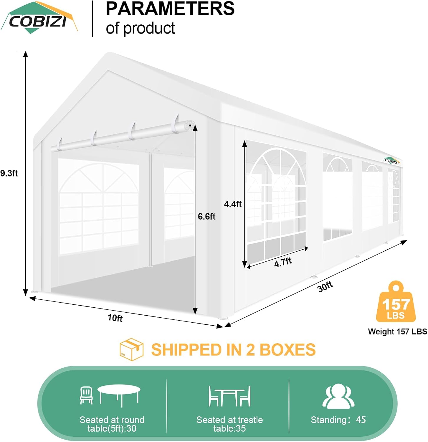 White Heavy Duty 10x30ft Party Tent with Removable Sidewalls