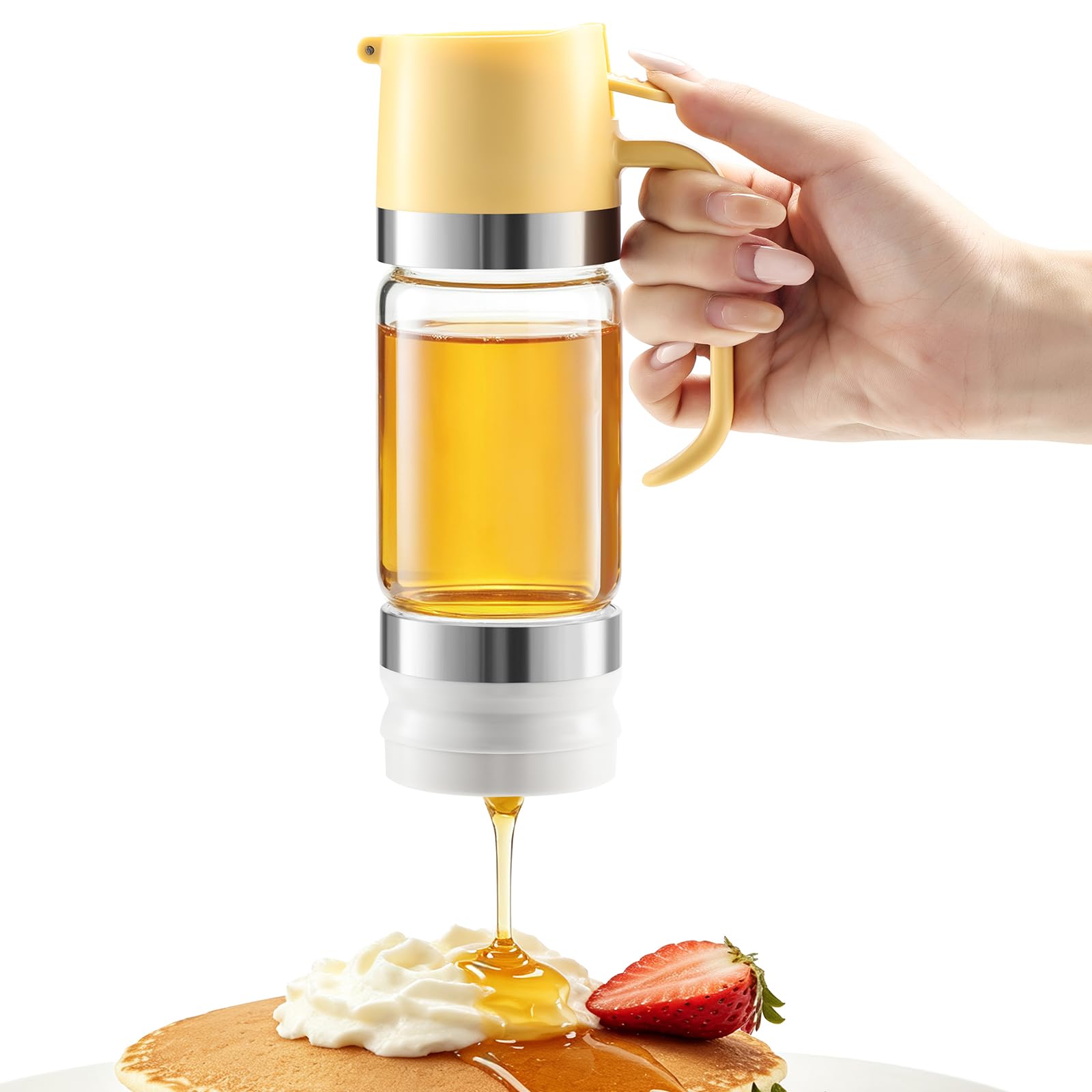 Glass Honey Dispenser Push-Button with Handle (Yellow), No Drip Glass Jar, Leak-Proof Bottom: One-Handed Press to Serve Honey or Syrup onto Coffee, Tea, Pancakes &amp; Desserts (Yellow, 9, ounces)