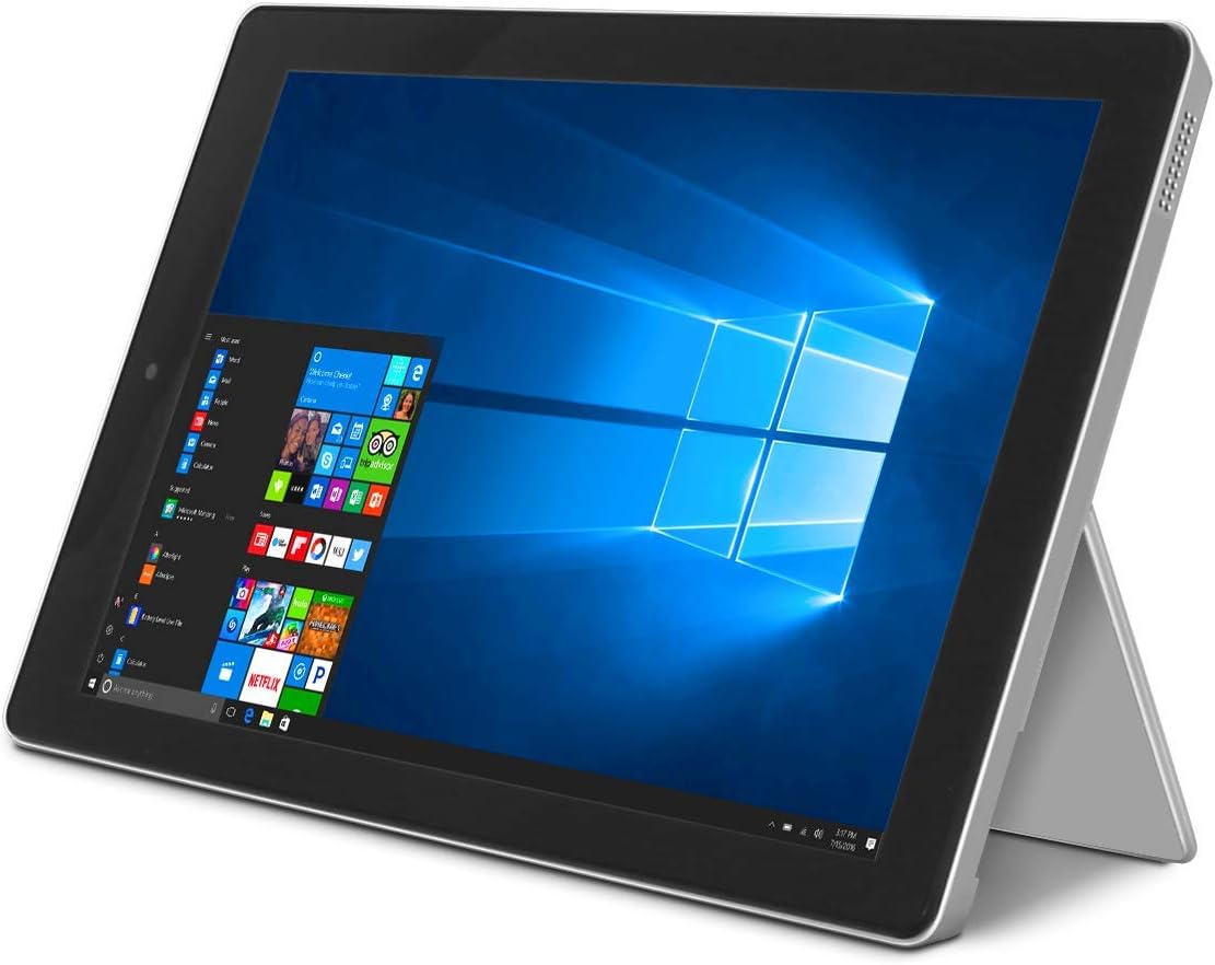 RCA Cambio 10.1 W101 V2 tablet in landscape mode with its kickstand extended and detachable keyboard connected, displaying the Windows 10 desktop.