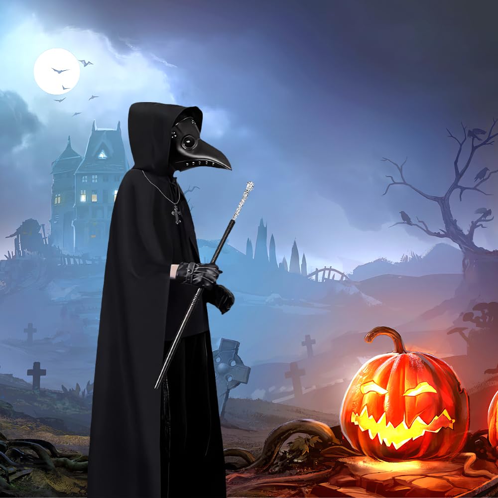 Medico Della Peste Costume, Halloween Plague Doctor Costume con maschera medico della peste,Scettro,Guanti,Collana,Croce Mantello,Costume Medico Della Peste Uomo,Costume Halloween per Adulto