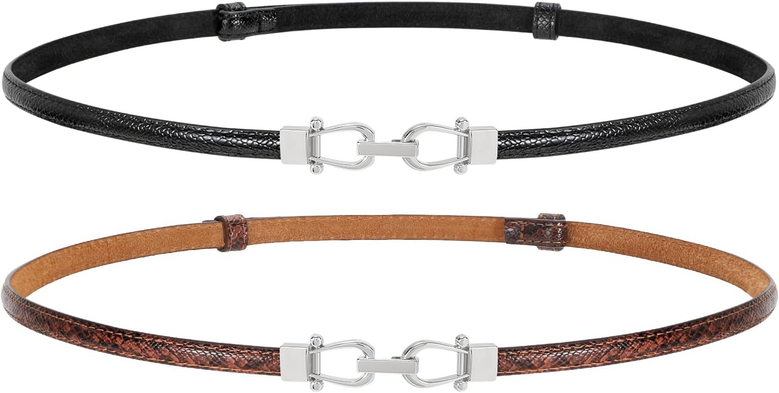 JASGOOD 2 Pack Women Slim Leather Thin Waist Belt for Dresses up to 37" with Gold Buckle