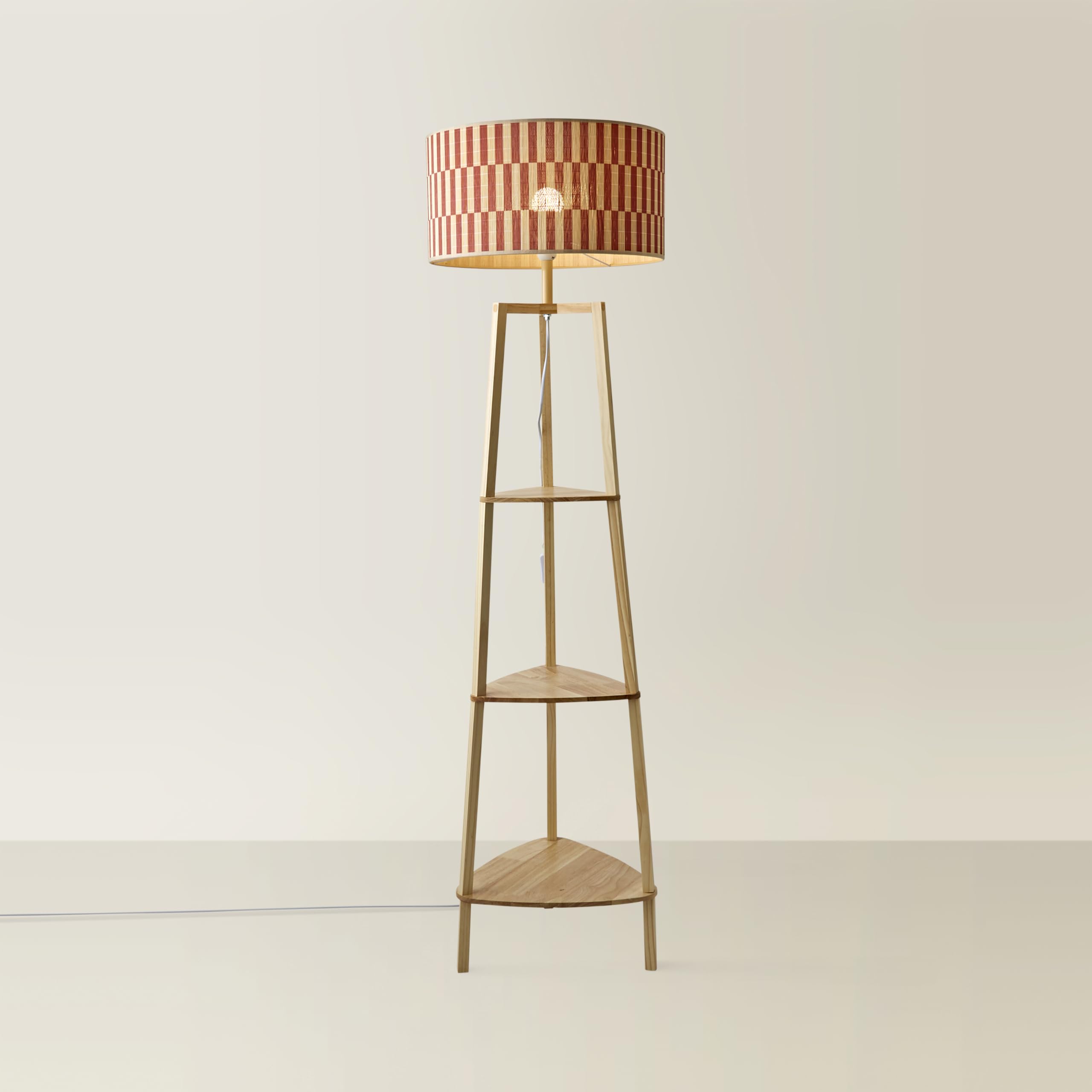 Hiru Shelved Tripod Floor Lamp - Orange Checker Bamboo Lamp Shade - ValueLights