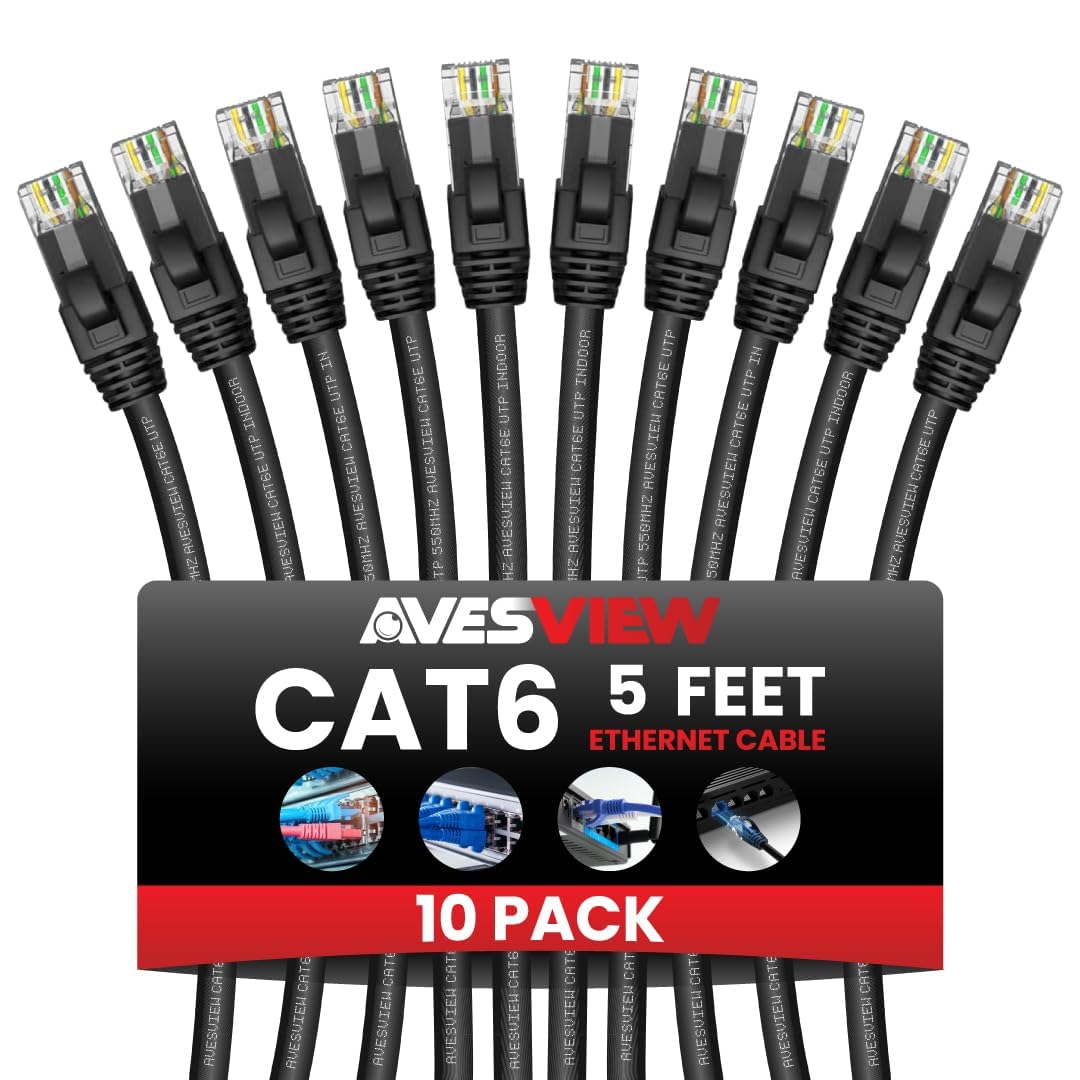 AvesView CAT 6 5FT Ethernet Cable (10 Pack), Indoor High-Speed 10Gbps Snagless CAT6 Ethernet Cable 5 FT for Internet, Patch Panel, Network, Router,