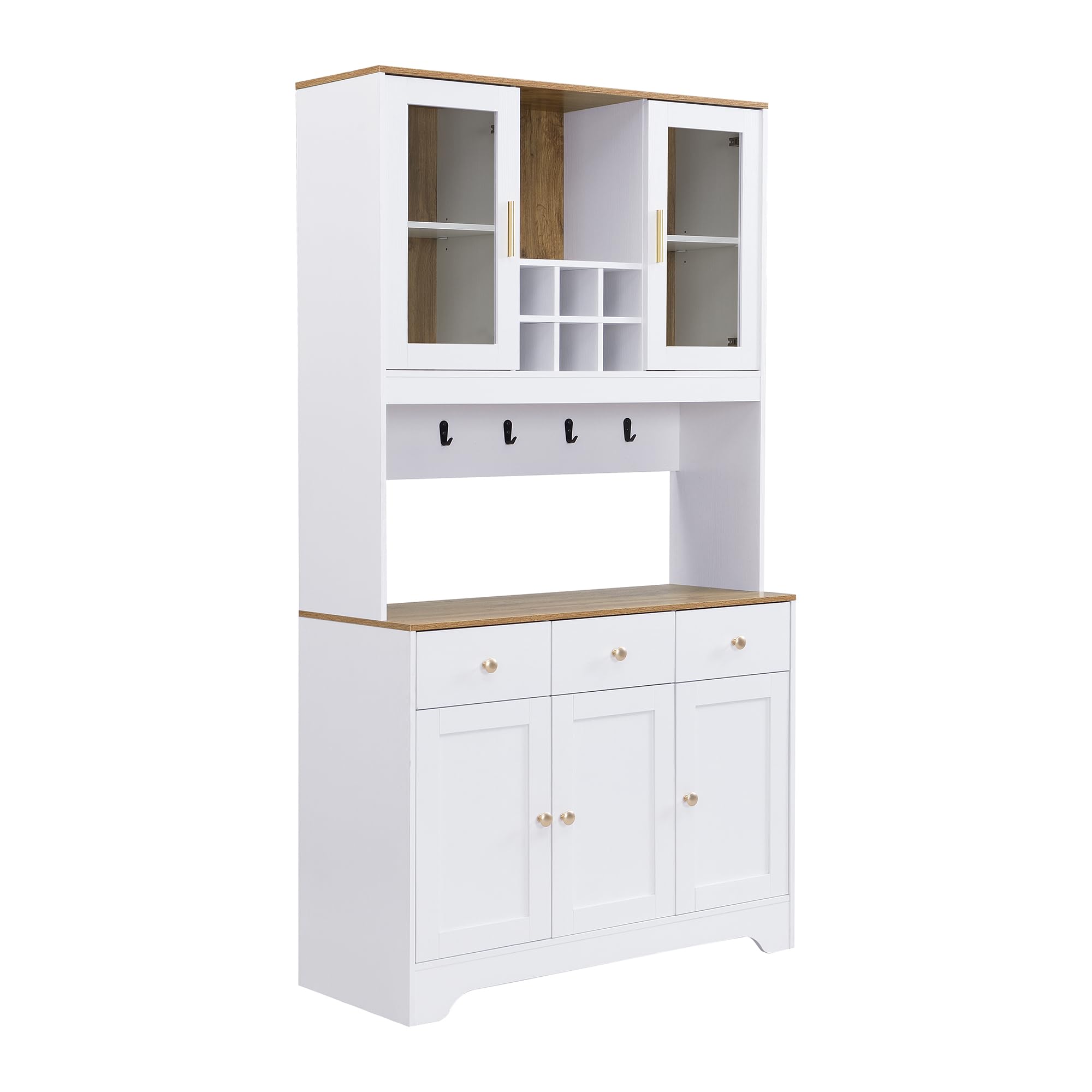 Azkoeesy Mobile Dispensa Cucina, Credenza Alta Cucina, 95x40x175 cm, 3 Cassetti, 3 Porta trasparente in acrilico, Portabottiglie, 5 Ganci, bianco + maniglie in metallo oro
