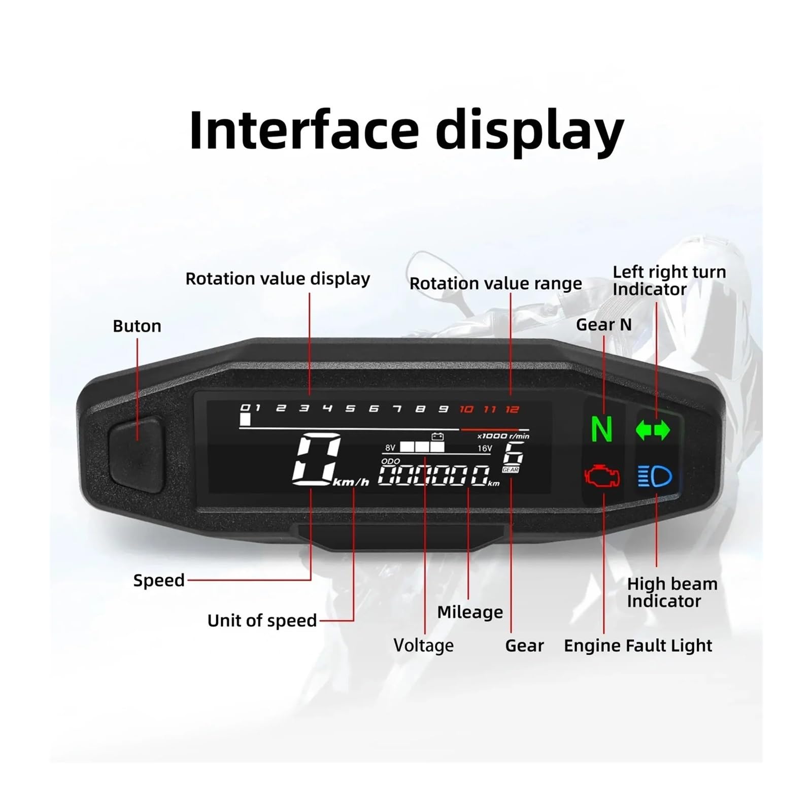 AD Universal Motocicleta Velocímetro Medidor De Velocidad Digital LED Tacómetro Tablero Instrumento Panel Medidor Pantalla LCD Y Soporte(MT0069-M040-6)