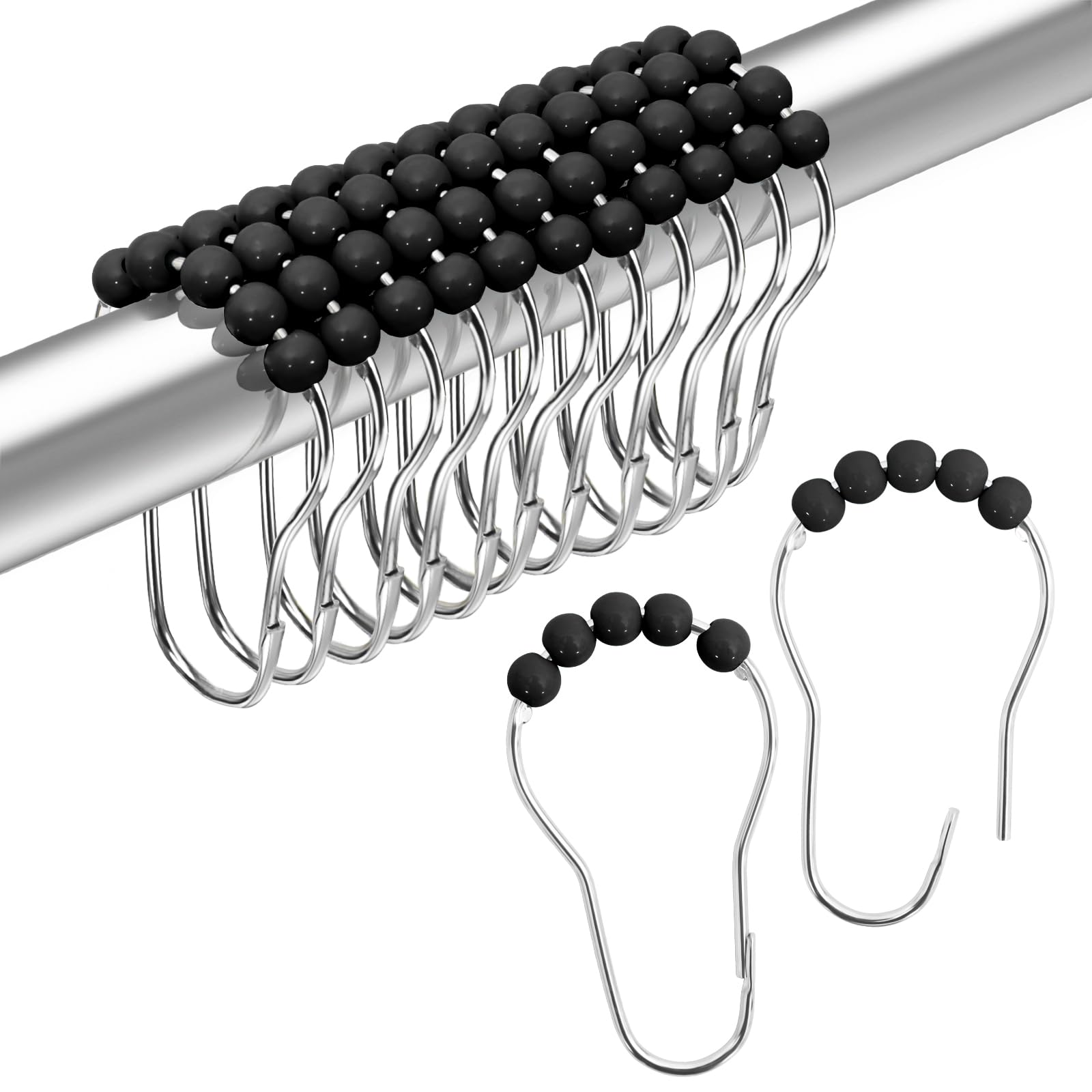 MitoVilla Black Shower Curtain Hooks, Rolling Balls Rust Proof Shower Curtain Rings for Shower Curtain & Liner, Decorative Shower Hooks for Bathroom Curtain and Shower Rod, Stainless Steel, 12 PCS