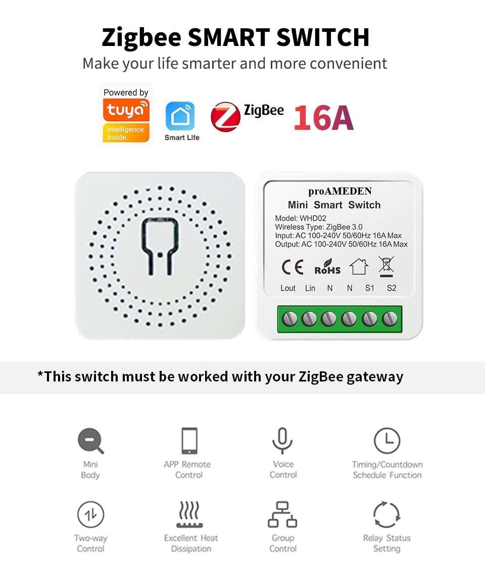 Interruptor inteligente ZigBee 3.0 de 16A,(Requiere HUB de Enlace), MINI Smart Switch Wifi, Módulo interruptor, Compatible con Alexa y Google Home Assistant, (ZigBee, 10/un).
