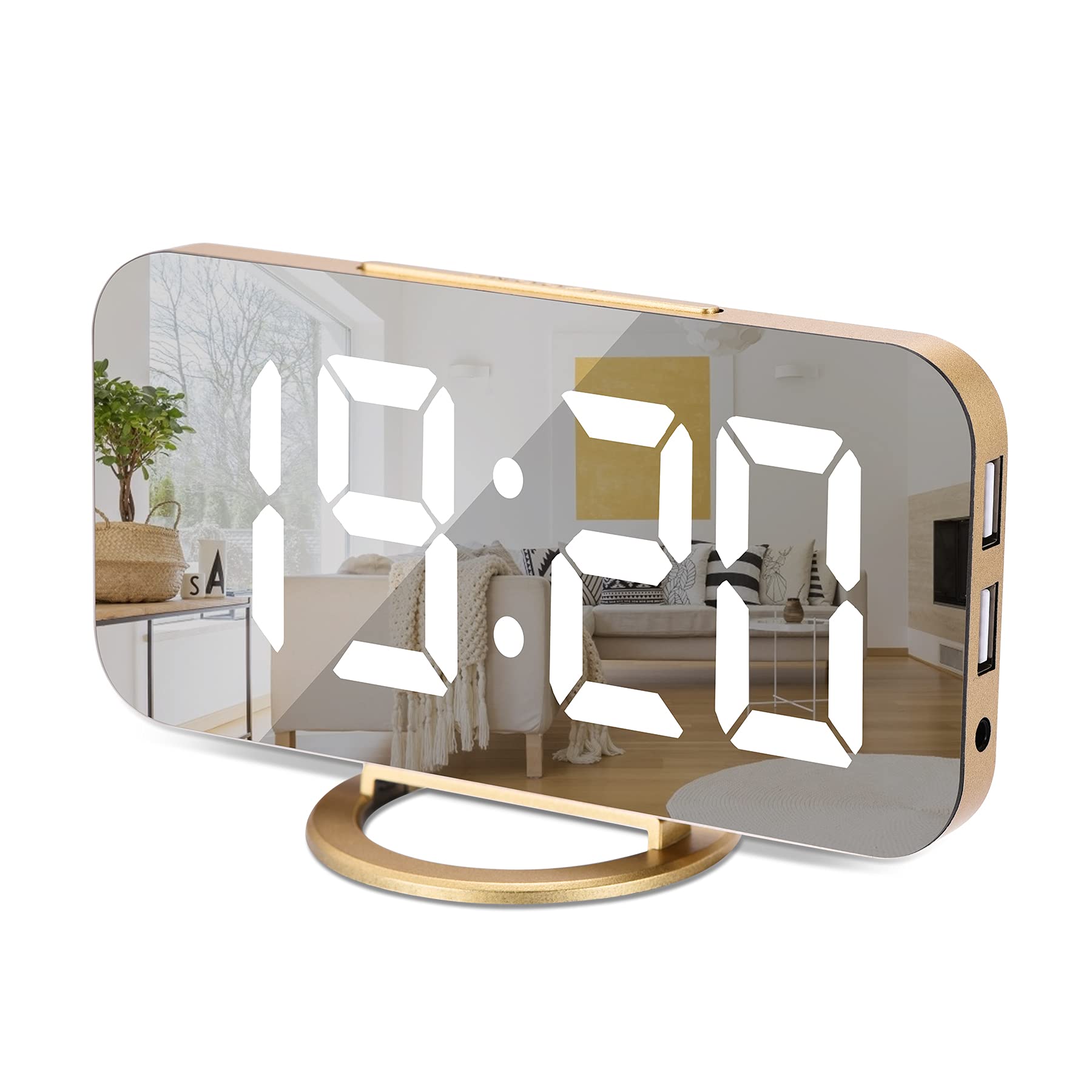 SZELAMDigital Clock Large Display, LED Electric Alarm Clock Mirror Surface for Makeup with Diming Mode, 3 Levels Brightness, Dual USB Ports Modern Decoration for Home Bedroom Decor(Gold