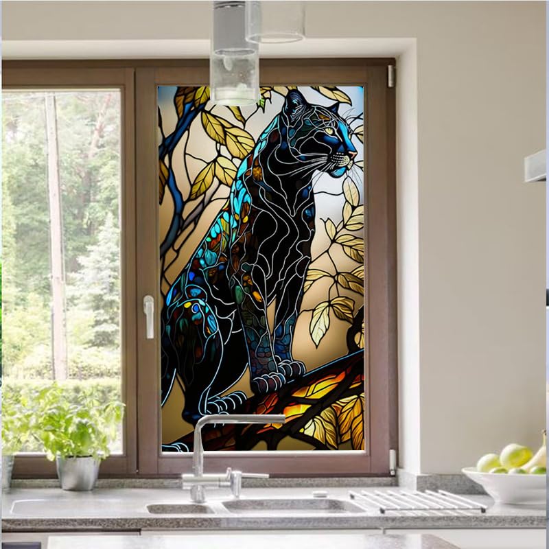 Window Film Privacy 50 X90Cm Black Leopard Privacy Film for Glass Windows,One Way Stained Glass Blackout,Opaque Tint,Bathroom Cover Self Adhesive Patterned