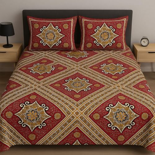 Image of 3D Printed 144 Tc Microfiber Double Bedsheet with 2 King Size Pillow Covers Breathable | Wrinklfree | Summer | Topsheet (90 x 90 Inches) (Red Rajasthani)