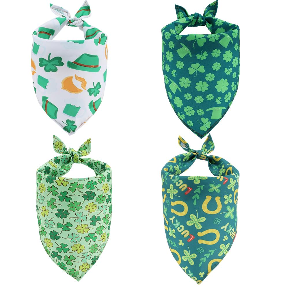 CRASPIRE 4Pcs St Patricks Day Dog Bandana Pet Triangle Scarf Colorful Clover Three Leaf Plant Durable Adjustable Polyester Fabric Holiday Pets Bibs Handkerchiefs for Small Medium Large Dog Pets Decor