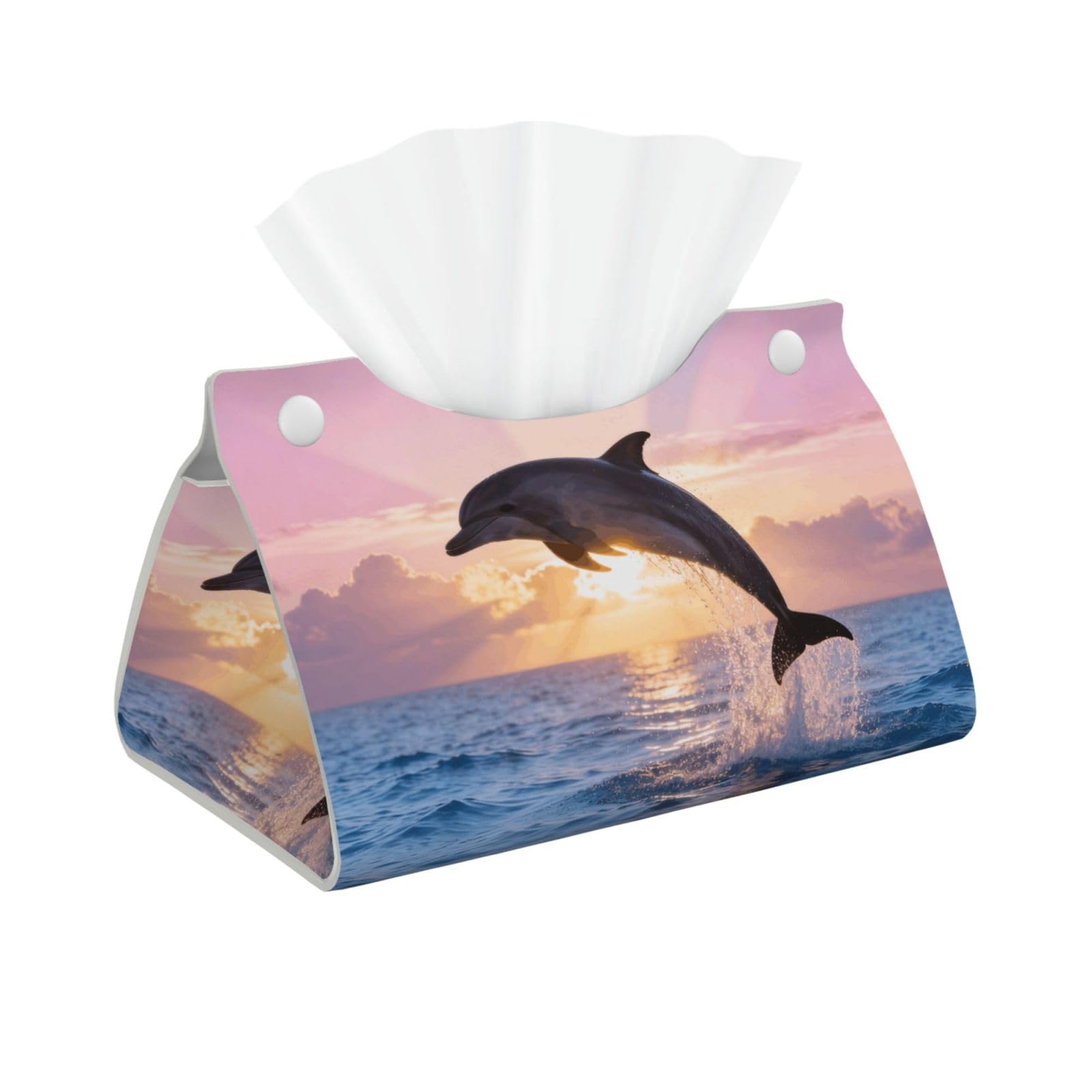 Dolphin Sunrise Jump Long Leather Tissue Box Cover-Waterproof PU Leather Tissue Holder for Bathroom, Decorative Rectangular Tissue Case