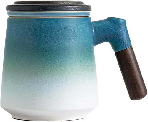 Miniatura 8 de ZENS Taza de té con infusor y tapa, mango de madera, taza de té suelta de 12 onzas, taza de cerámica mate para regalos de té, negro y azul
