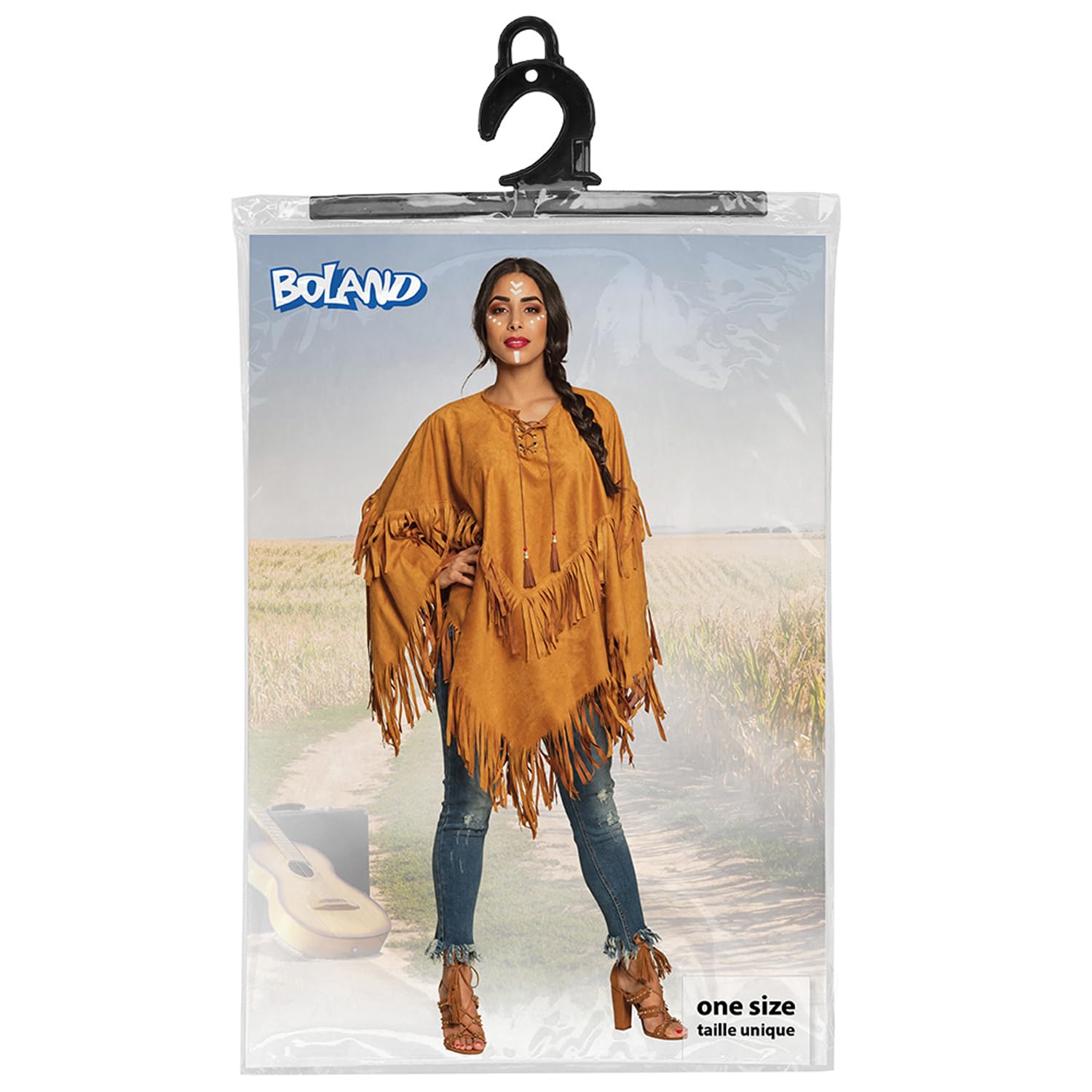 Boland - 44095 - Poncho indiano, marrone, taglia unica per adulti, mantello in pelle con frange e perline, capo, cowboy, squaw, carnevale, festa in maschera, Halloween, festa a tema