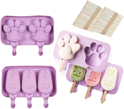 Silicone Popsicle Mold, Lid Mold with 5 Cavities Homemade Ice Cream Maker, Reusable Bar with 100 Natural Wood Craft Sticks Kids Summer DIY Ice Cream Ice Cream Bar Mold 2 Pack