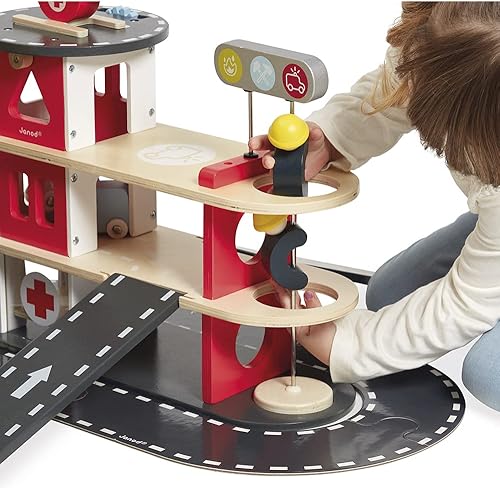 Janod - Bolid Wooden Fire Station - 5 Vehicles Included - Imagination and Fine Motor Skills - Water-Based Paints - 2 Years + J04639(Modern)