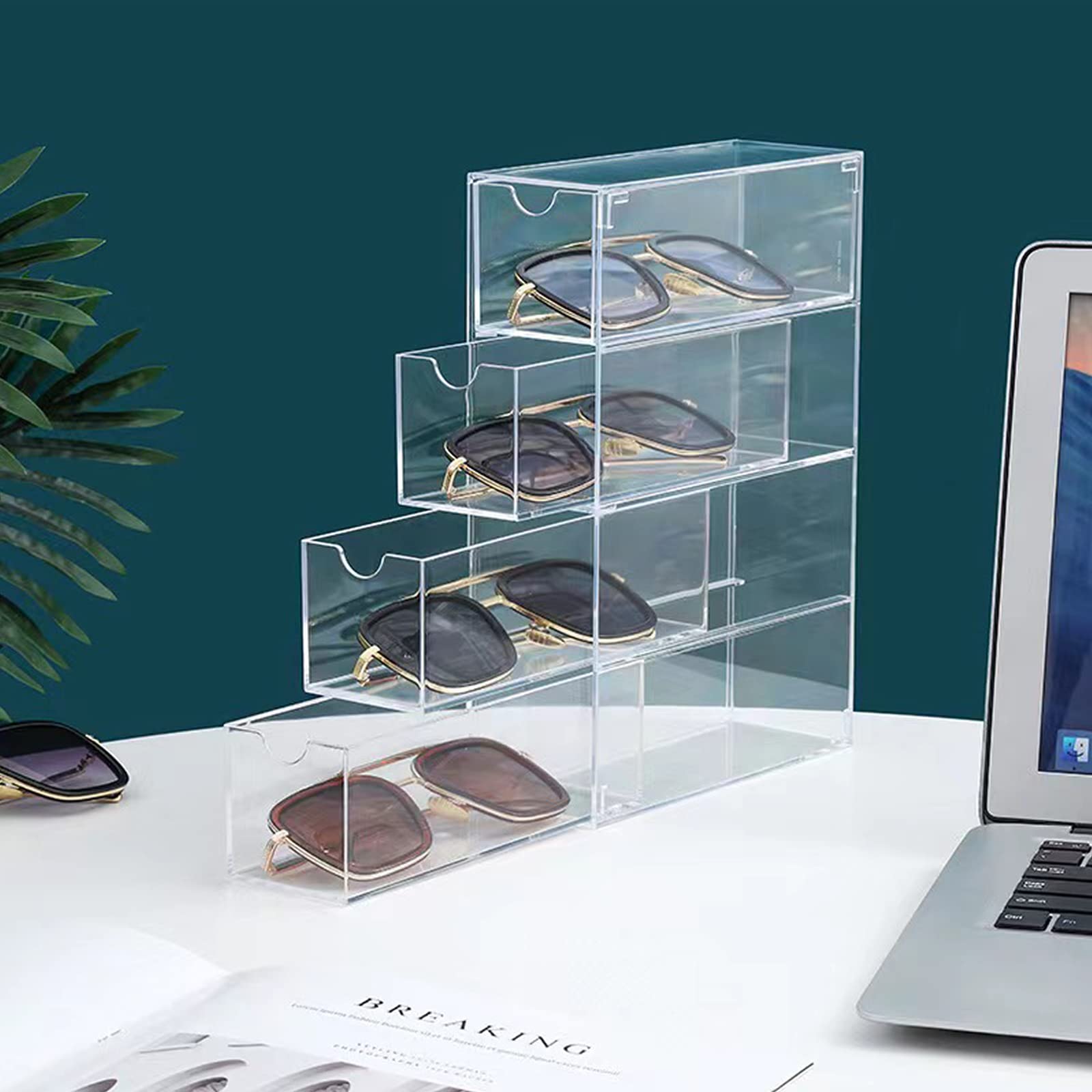4 Drawer Stackable Glasses Case Storage Organizer for Dresser, Bathroom, Bedroom, Desk, Office, 2.5" x 6.9" x 9.7", Clear