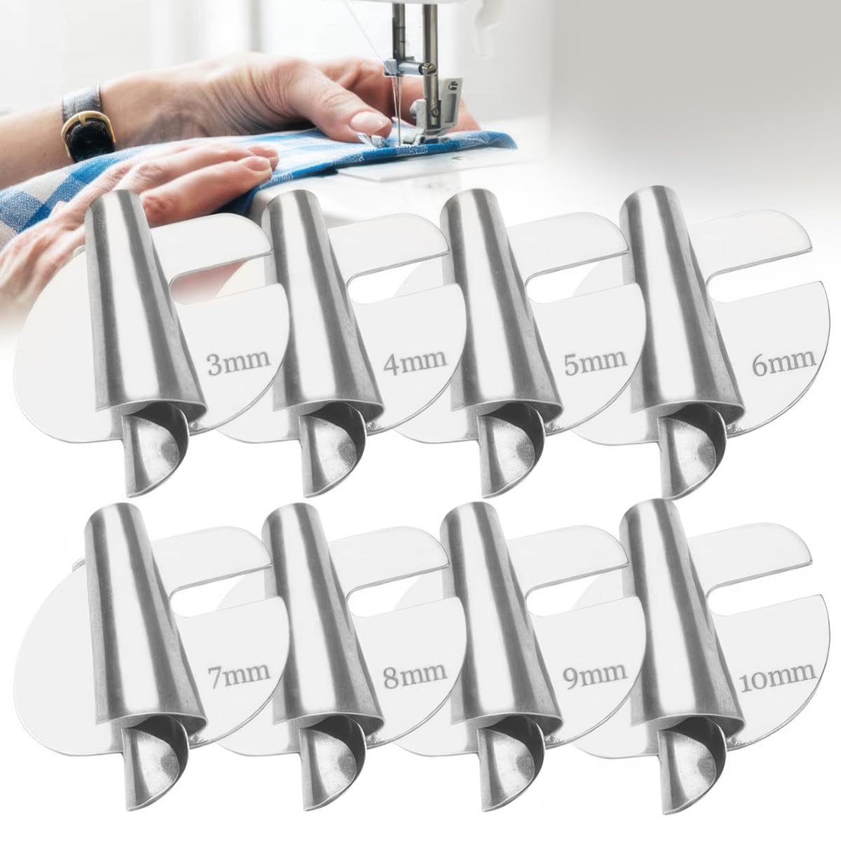Set 8 Piedini Per Orlo Macchina Da Cucire - Piedini Premistoffa Da 3mm A 10mm In Acciaio - Foto 7