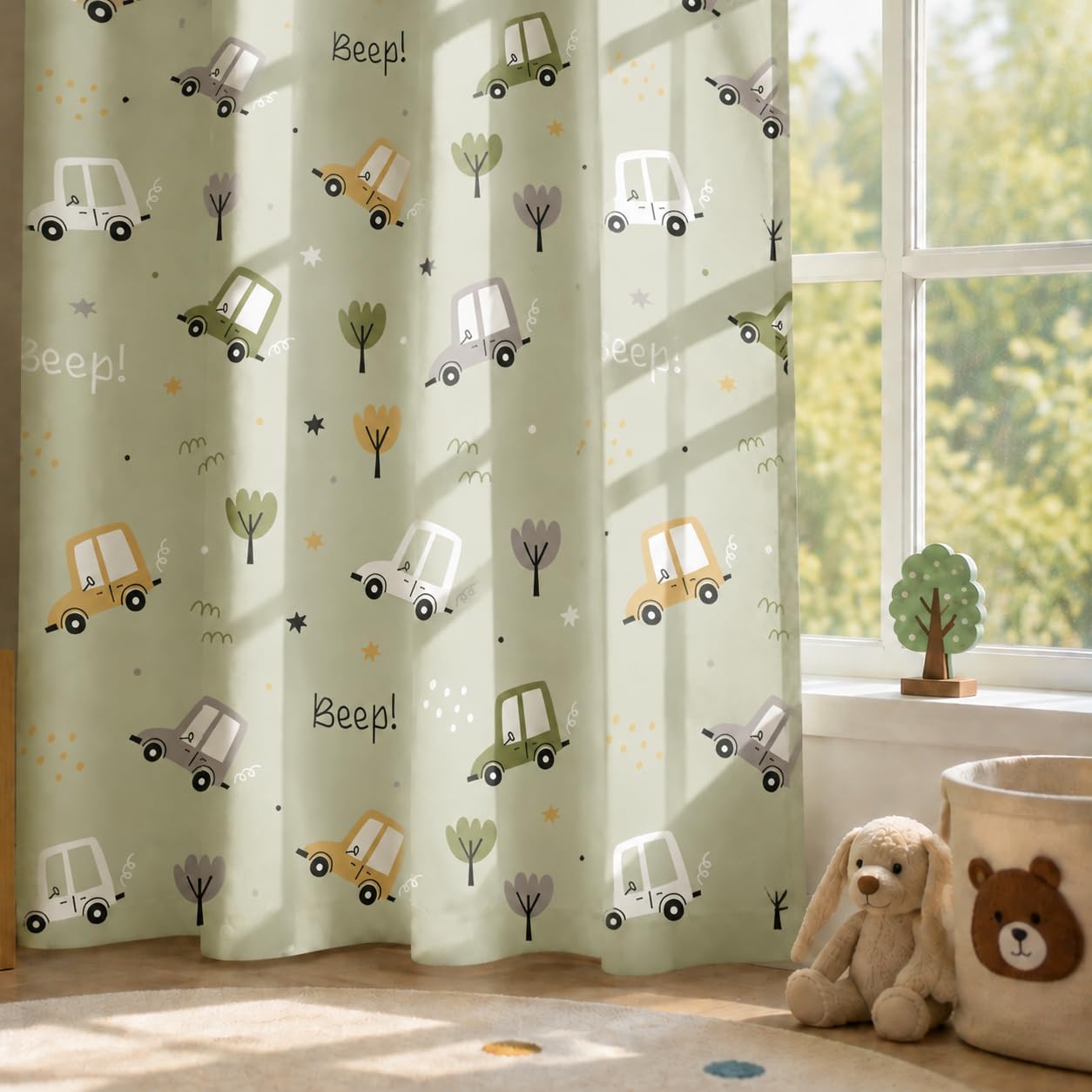 YONGFOTO Rideau Voiture Semi-Transparent Chambre Enfant Garçon Nordique | Rideau Vert Arbre Cartoon Véhicules Circulation Filtrant la Lumière Chambre Ado à Passe-Tringle 1 Panneau 140 x 229 cm