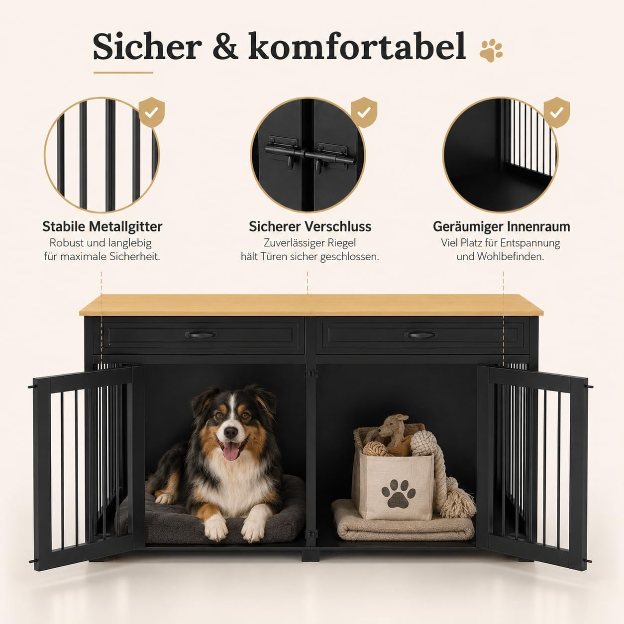 Hundekäfig für Zuhause, Eisen Hundebox,Hundebox XXL,Hundehütte Hundekiste für den Innenbereich,PB-Brett + Bügeleisen mit 2 Türen 164 x 80 x 60 cm, Metall, Schwarz