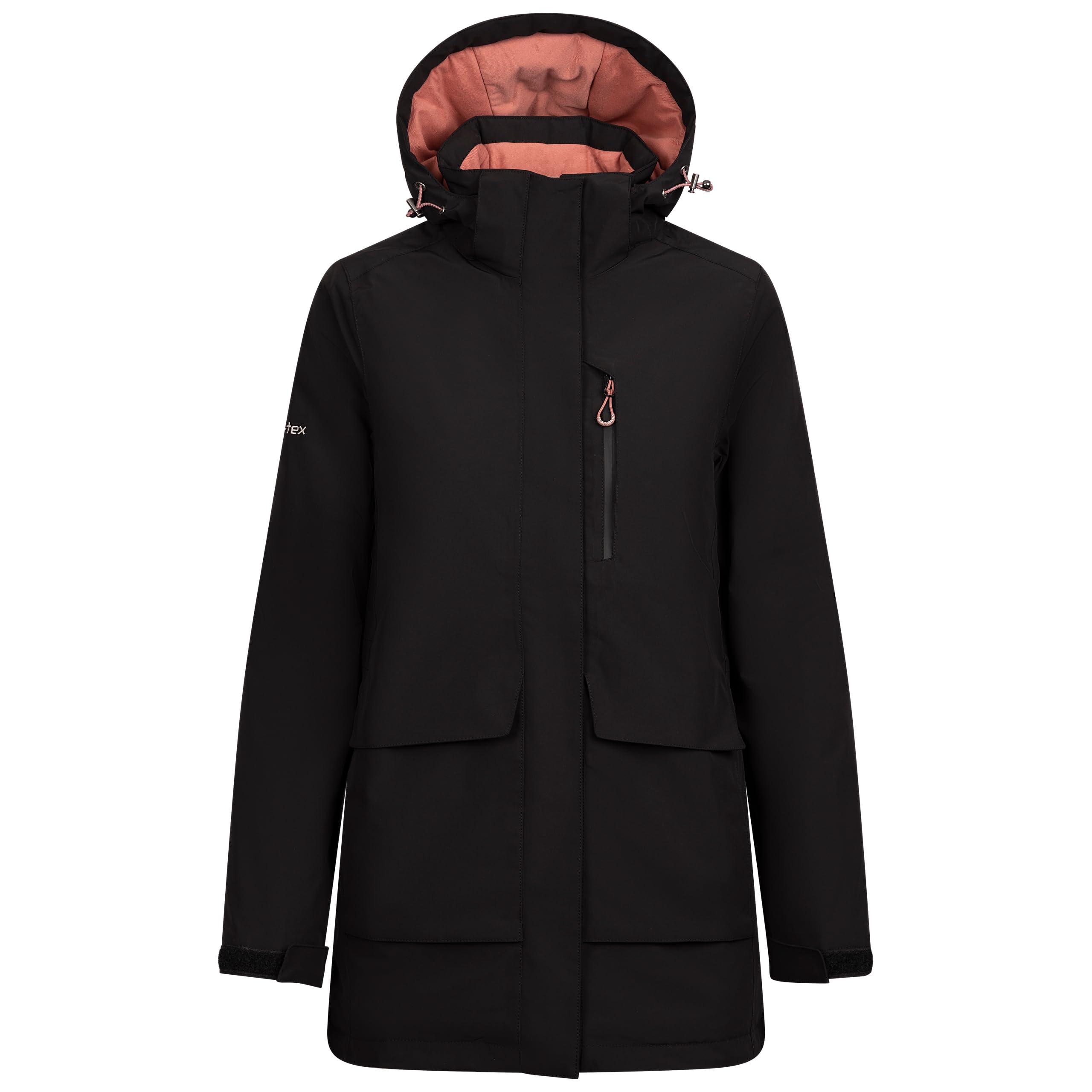 Trespass Women's Black Hooded Rain Jacket Hosho - Lightly Padded;Contrast Lining, Grown On Hood With Adjusters, 4 Pockets, Storm Flap,Adjustable Flat Cuffs, Side Hem Vents With Studs