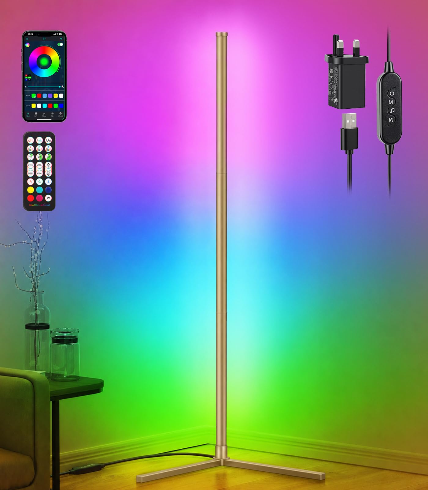 riyo Led Floor Lamp, RGB Corner Floor Lamp, Gold