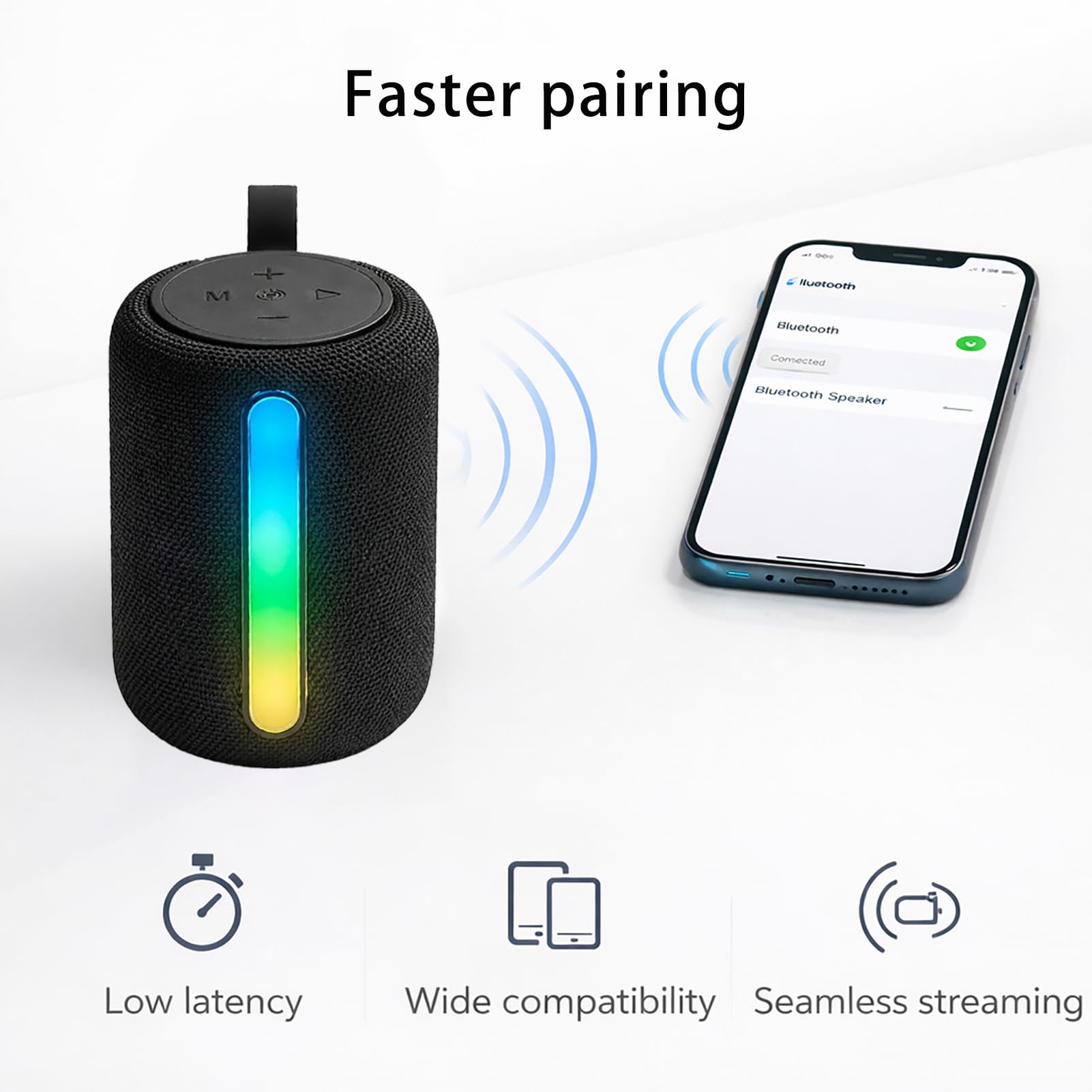 ABEAUROOSE Portable Bluetooth Speaker with RGB LED Light, Deep Bass Sound, Compact Loud Wireless Speaker for Home, Travel, Outdoor & Party (Black) — view 3
