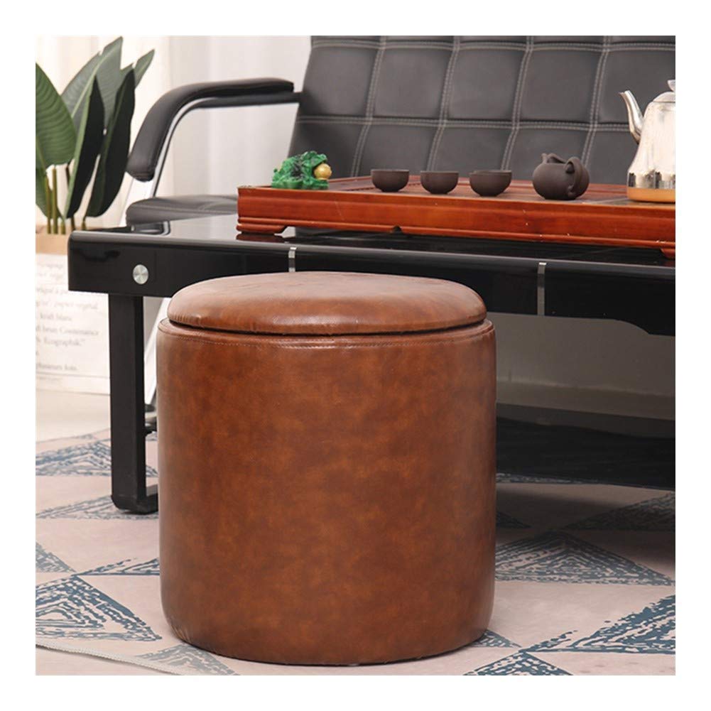 Repose-Pieds Rond Cuir Marron Tabouret Rangement Chaussures 38x40