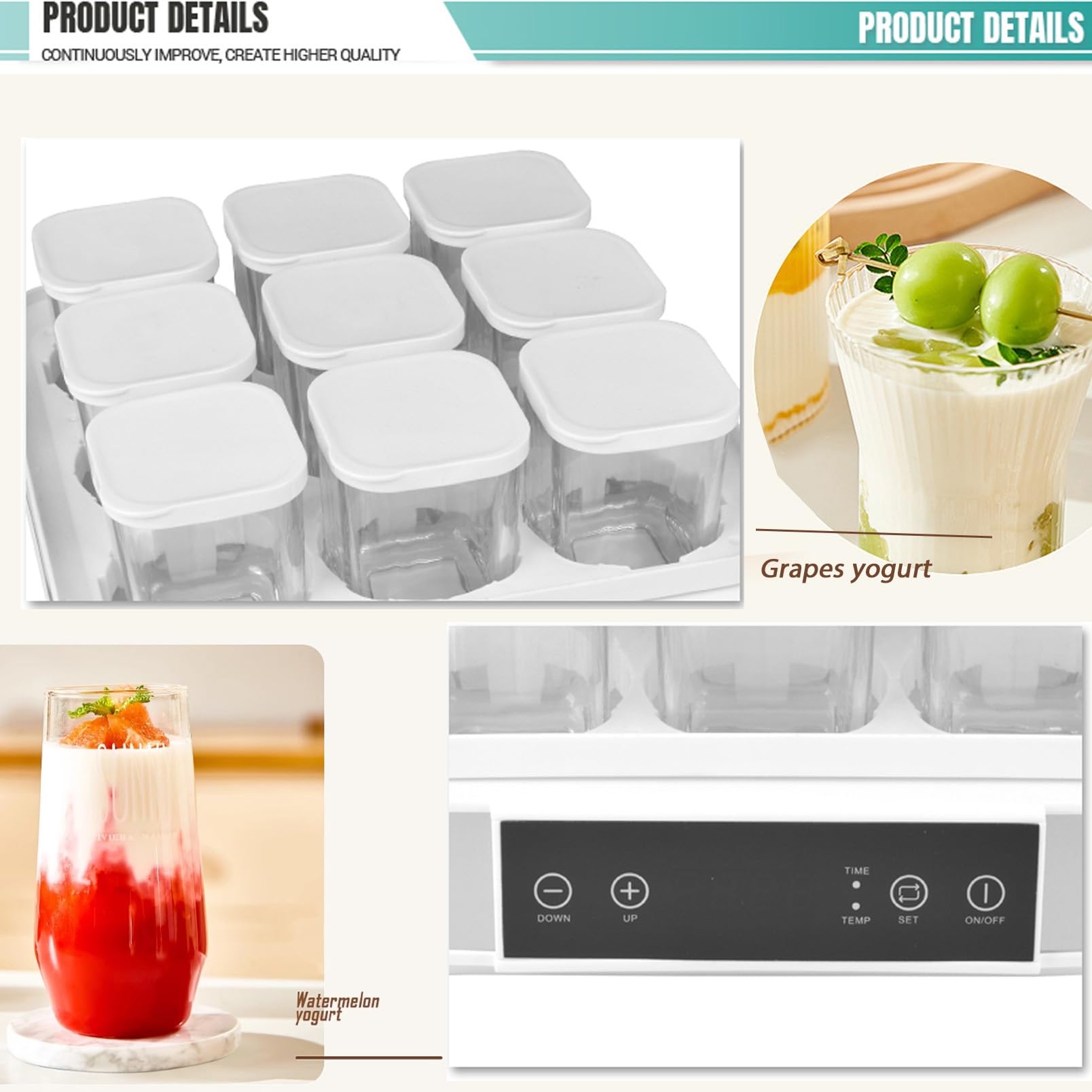 Yogurt Maker per yogurt fatto in casa e natto, temperatura regolabile e controllo del tempo, include 9 barattoli di vetro per dessert freschi
