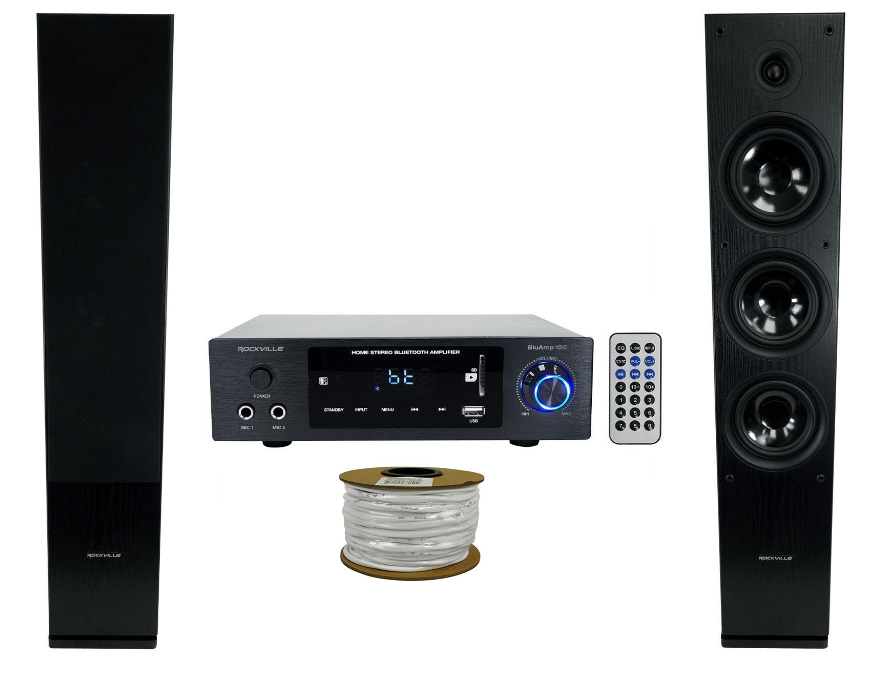 Rockville BLUAMP 150 Home Bluetooth Amplifier Receiver+(2) Black Tower Speakers