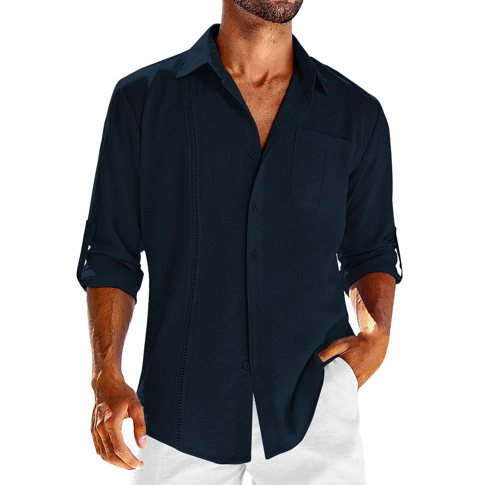 Fulidngzg Ropa Ibicenca Hombre, Camisa De Lino Slim Fit Camisas Tallas Grandes Algodon Lino Bolsillo Casual Camisas Lino Henley Medieval Etnica Camisa Blanca Camisa Cuello Mao Manga Larga Regular