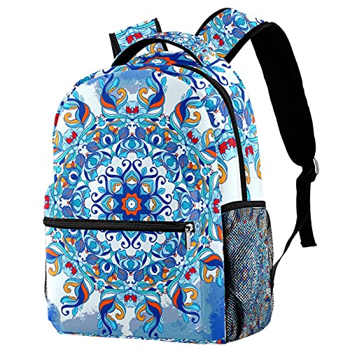 Sac à dos de voyage bleu mandala avec porte-bouteille enfant