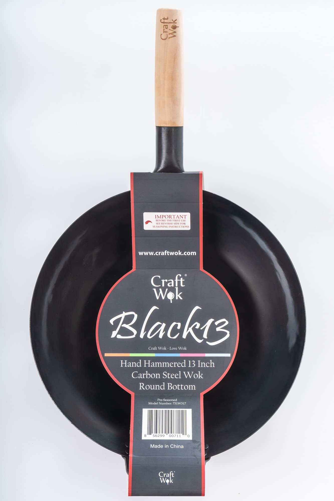Craft Wok Pow Wok de acero al carbono martillado a mano negro 13 pre-sazonado con mango auxiliar de madera y acero (13 pulgadas, fondo redondo)