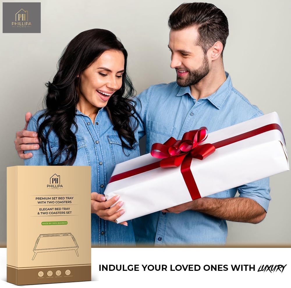 Bed Tray Eating with 2 Coasters - Large Natural Bamboo Breakfast Bed Tray for Laptops 17.3 Inches, Ideal for Food and Drinks