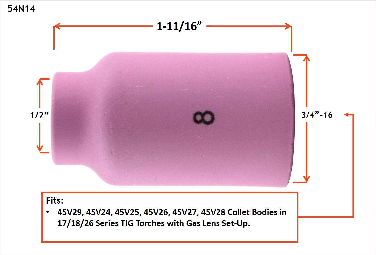 SÜA - Alumina Nozzle Cups for TIG Welding Torches Series 17/18/26 with Gas Lens Set-Up - Model: 54N14 - #8 (1/2'') - (5 PACK)