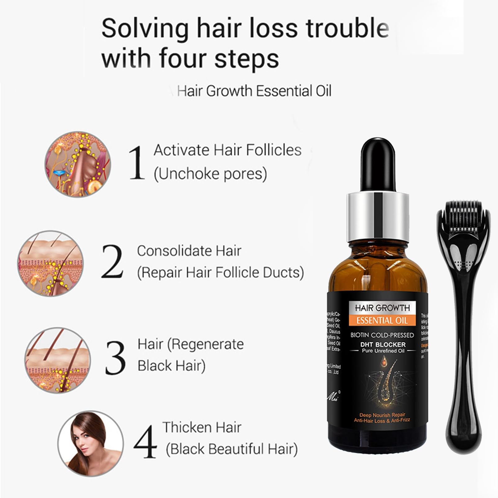 Serum na porost włosów Derma-roller 0,5mm, zestaw do wzrostu włosów z imbirem, walec do mikronigdlingu z serum do włosów, olejek z imbiru do wzrostu włosów, olejek do włosów na przyspieszenie wzrostu