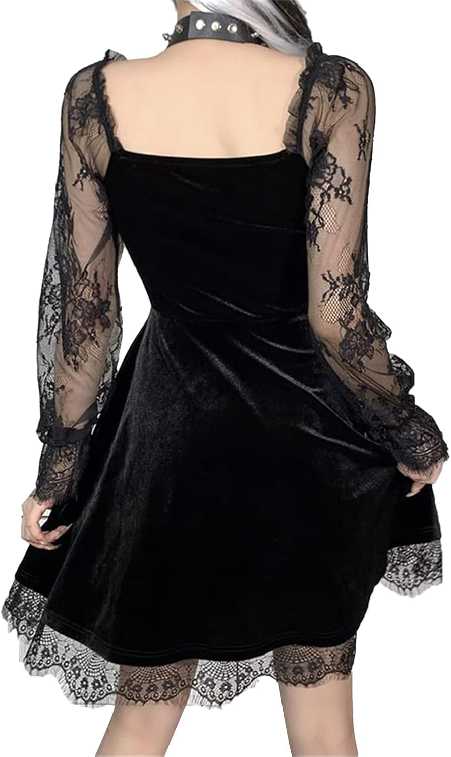 LVCBL Women Gothic Vintage Dress Lace Long Sleeve Dresses Halloween Goth Lolita Dress for Women - Image 2
