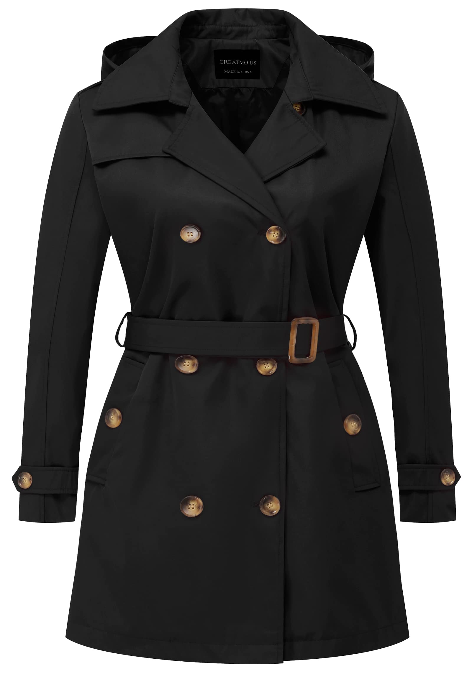 CREATMO US Womens Plus Size Trench Coat Double-Breasted Classic Lapel Overcoat Belted Outerwear Coat with Detachable Hood