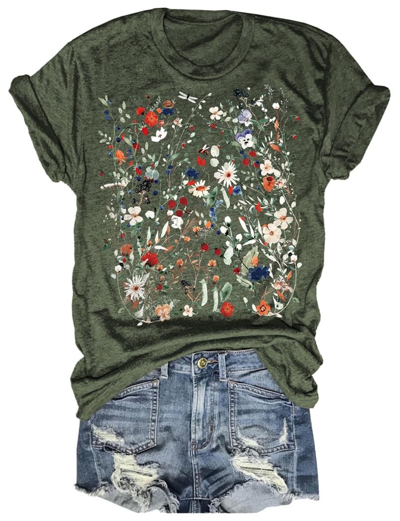 Women's Vintage Flowers Shirt Casual Boho Floral Printed T-Shirt Sunflower  Wildflowers Graphic Tees Tops for Girl