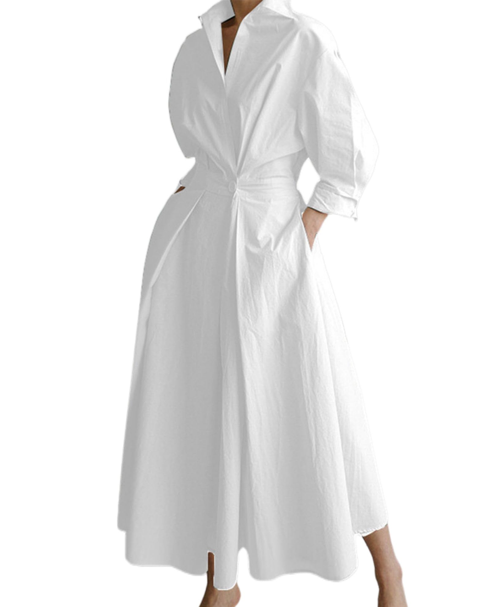 BSKNNET Plus Size Maxi T Shirt Dresses for Women Summer Button Print Casual Long Sleeve Long Dress with Pockets