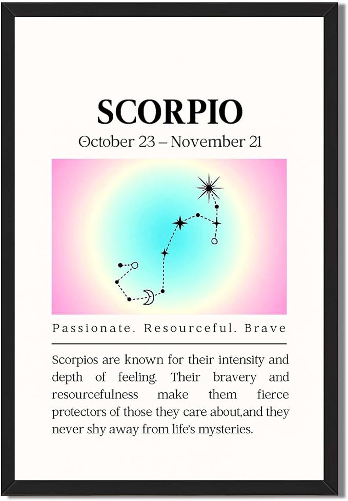 Framed Scorpio Zodiac Poster Canvas Print Art Print Minimalist Aesthetic Wall Art Elegant Constellation Painting Pictures Home Decor Wall Decoration for Bedroom Dorm Room (Black Framed,12L x16W)