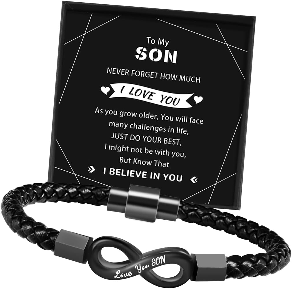 To My Son/Grandson/Man/Dad Bracelet, Valentines Day Gifts for Him, Son Gifts from Mom, Leather Bracelet Birthday Gifts for Boyfriend Husband Nephew
