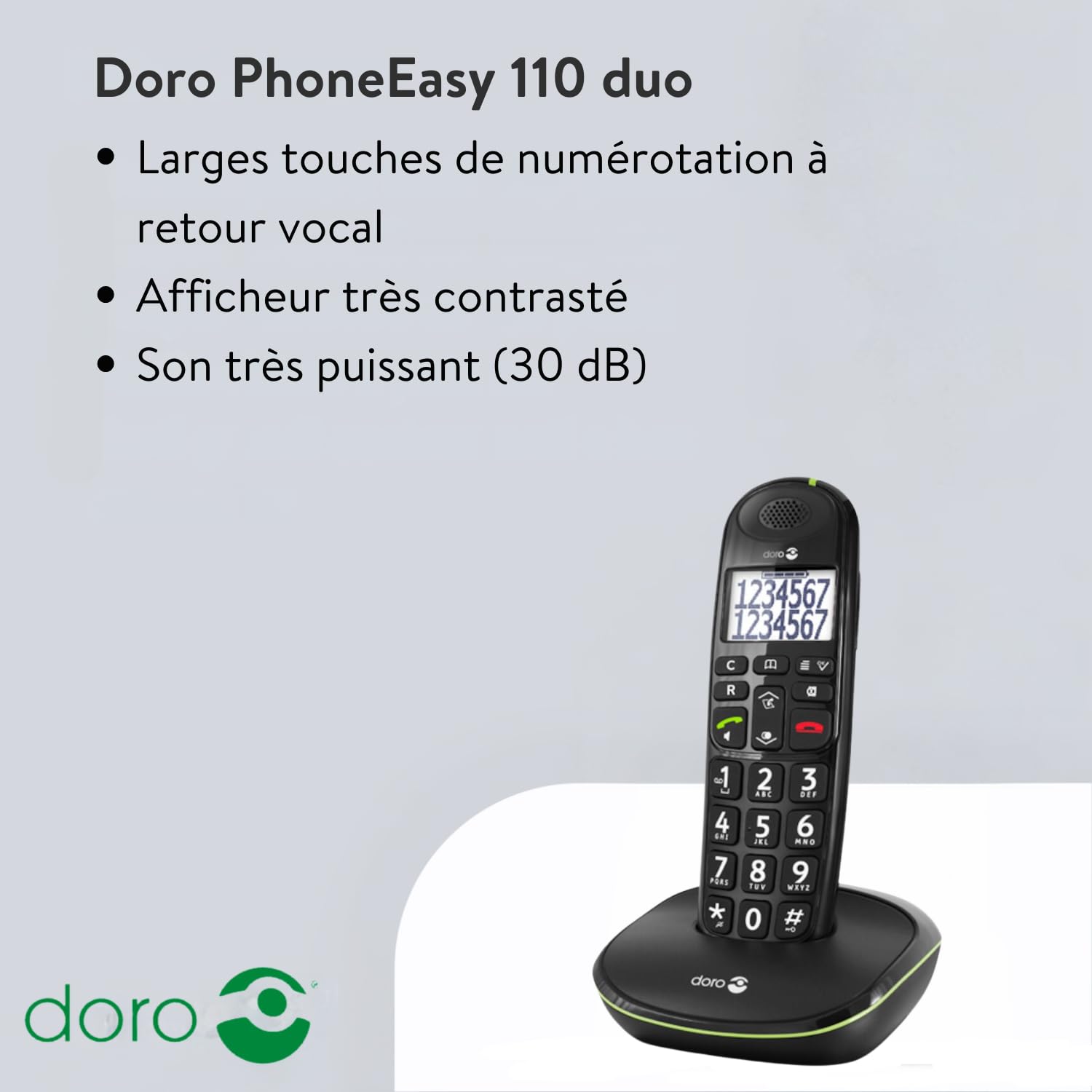 Doro PhoneEasy 110 Téléphone sans Fil DECT pour Seniors avec Touches Grandes Parlantes, Fonction Intercom/Appel Interne et Audio Amplifié (Noir X 2) [Version Française]