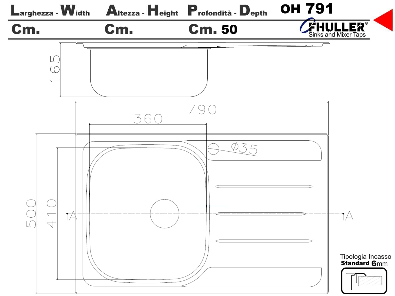 Lavello Cucina 1 Vasca con Gocciolatoio DX Inox 79 x 50 cm - 011551.S1.01.2016